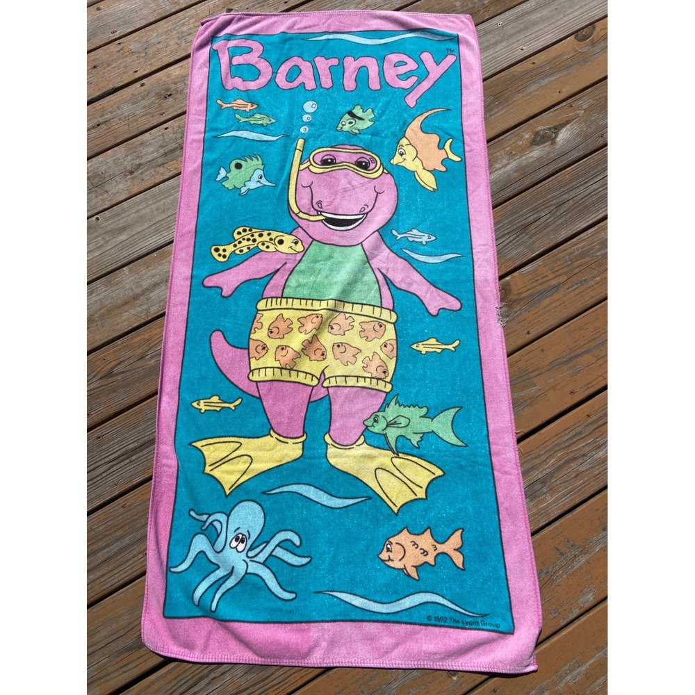Vintage 1992 Barney the Dinosaur Beach Towel Snorkeling BIBB 90s Purple Pink